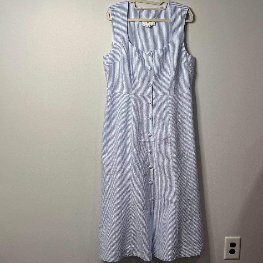 Pomander Place Dress Wms. Medium Blue Seersucker Delta Button Front Midi Size L - Picture 2 of 7